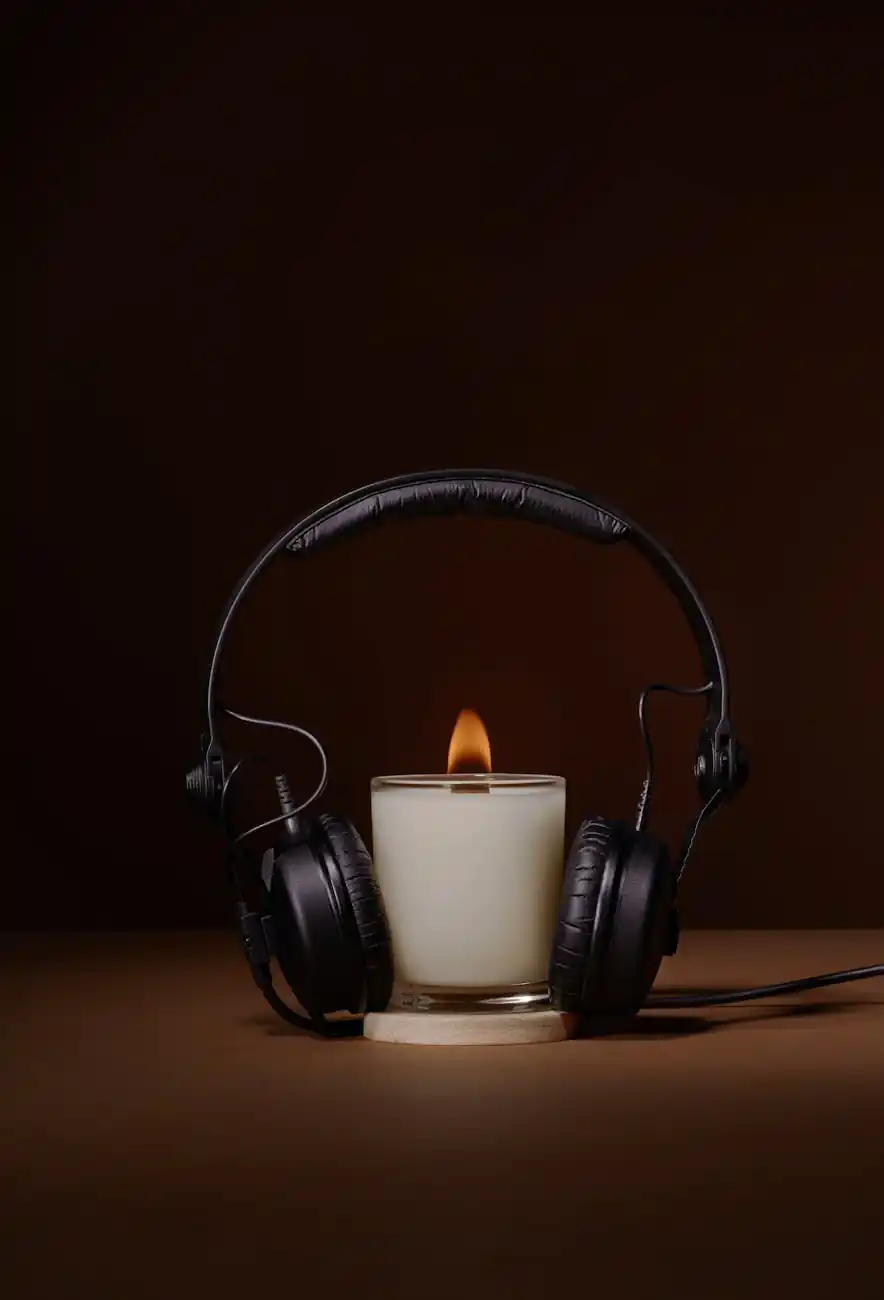 glowing aroma candle with headphones in studio