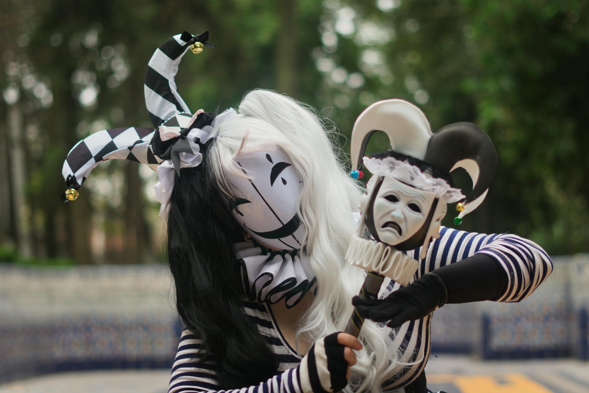 whimsical jester costume in outdoor setting