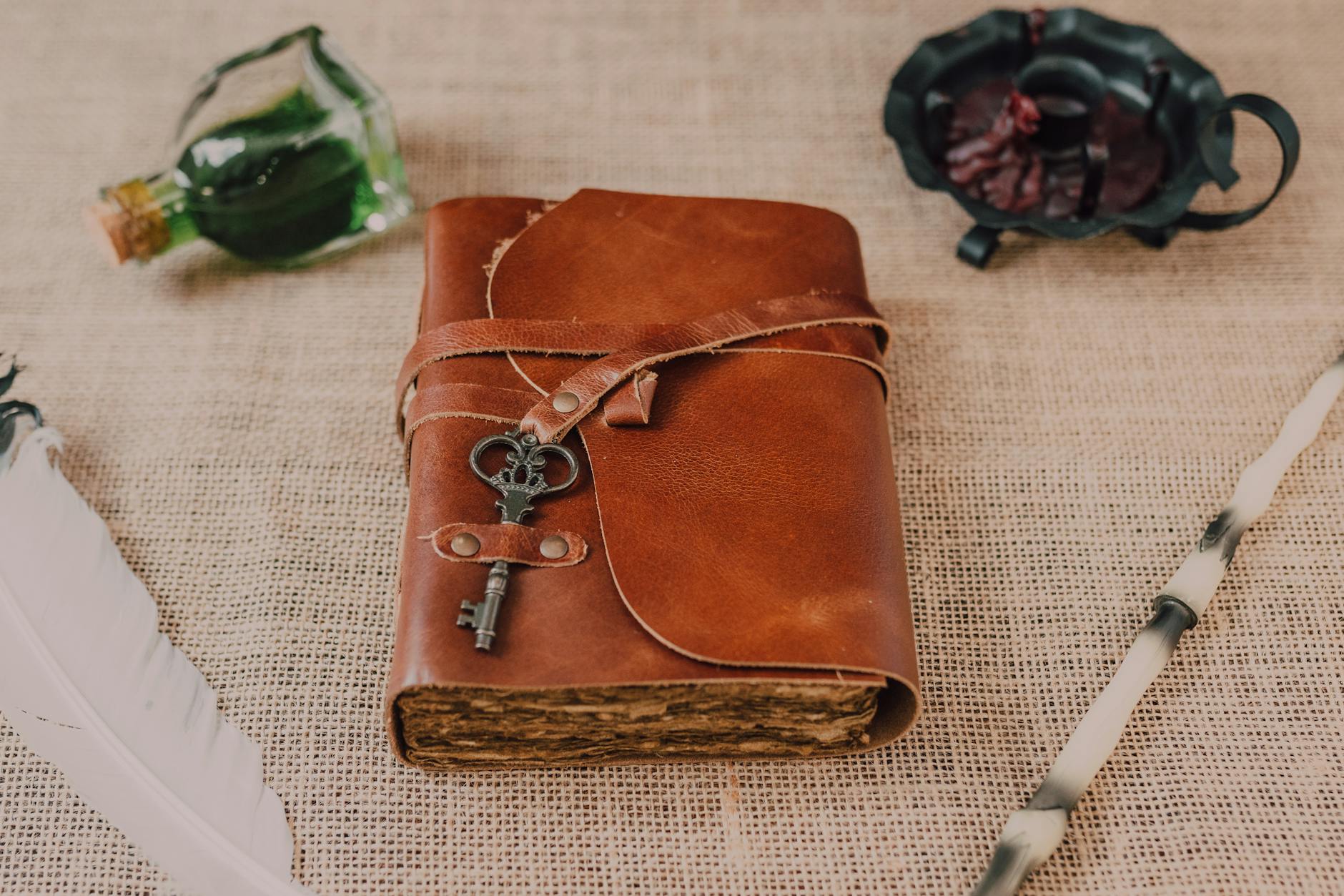 close up shot of a spell book beside a wand